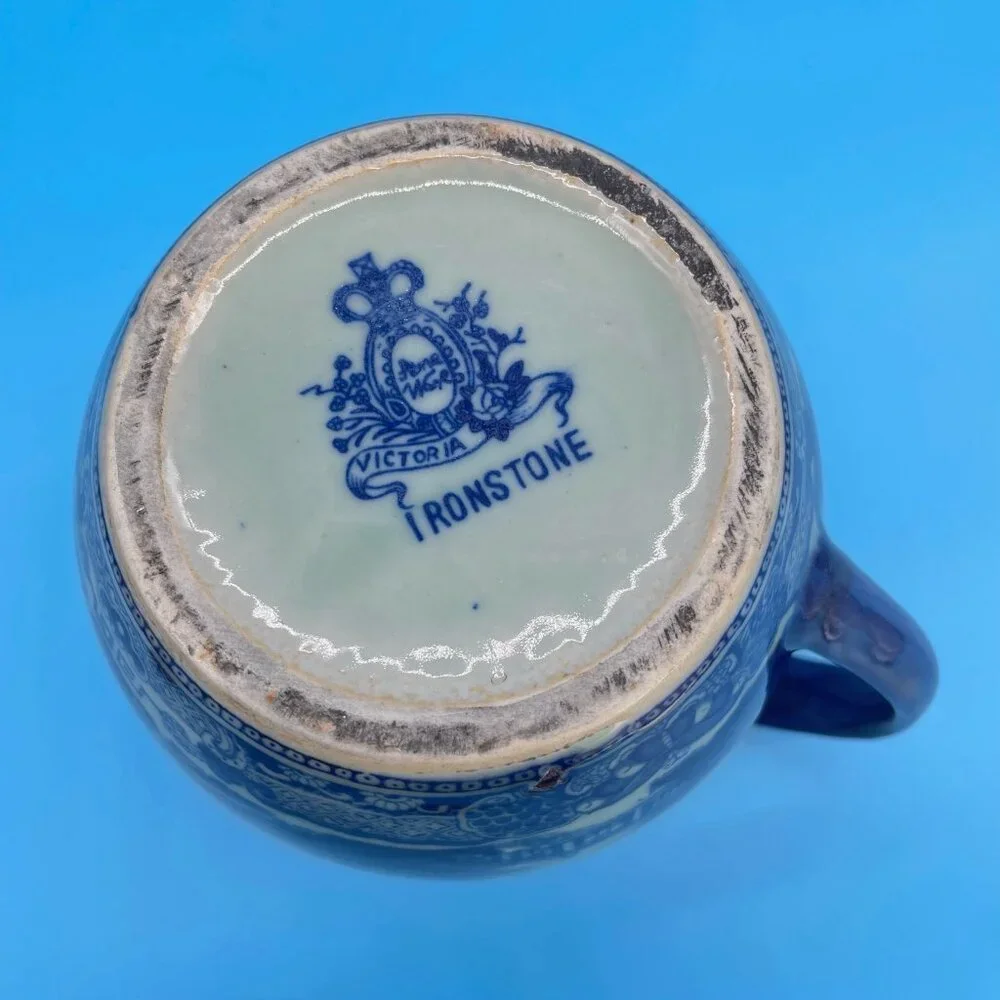 Vtg Victoria Ware Ironstone Pitcher Jug Flow Blue Transfer Ware Asian Village - Picture 10 of 11